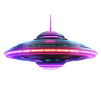 Futuristic flying saucer with glowing purple and blue lights and antenna isolated on transparent background png
