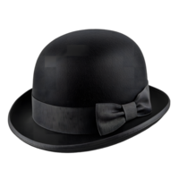 Classic black bowler hat with a textured ribbon and bow detail isolated on transparent background png