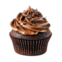 Delicious chocolate cupcake with rich frosting and chocolate shavings isolated on transparent background png
