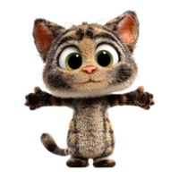 Cute cartoon tabby kitten with big green eyes and outstretched arms isolated on transparent background png