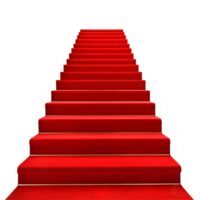 Luxurious red carpet stairs with golden trim and white banisters isolated on transparent background png
