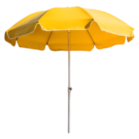 Bright yellow beach umbrella with white trim and silver pole isolated on transparent background png
