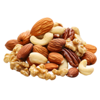 A healthy pile of mixed nuts including almonds cashews walnuts and pecans isolated on transparent background png