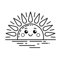 Happy Sunset Line Art Illustration of a Smiling Sun Setting Over Calm Water. png