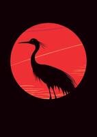 Silhouette of a crane on a red sun background vector
