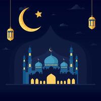 Ramadan Islamic Greeting Card Template for Wallpaper Design. Mosque Night Scene with Crescent Moon and Lanterns vector