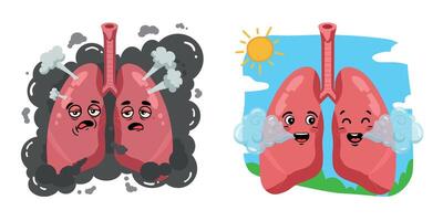 Cartoon lungs before and after smoking with happy and sad expressions, cigarette damage vs healthy breathing, medical illustration for quit smoking campaign, lung health, clean air and detox concept vector