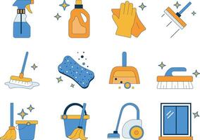 Set of 12 icons of cleaning products and items for cleaning. Cleaning icons. vector