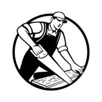 Handyman Carpenter or Construction Worker Sawing Wood Retro Circle vector