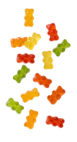 gummy bears set . colorful gummy bears falling down . Colorful gummy bear candy falling down in mid-air. Sweet gummy bears floating for chewy candy snacks and desserts png