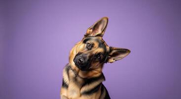 A german shepherd dog sitting on a purple background photo