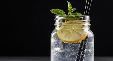A glass jar with a lemon and a straw photo