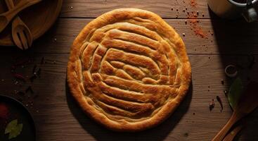 A round pastry on a wooden table photo