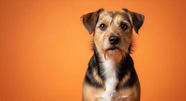 A dog is standing on an orange background photo