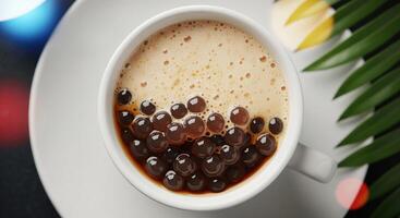 A cup of coffee with black beans and a green leaf photo