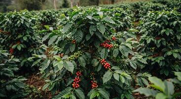 Coffee beans growing on a tree in a coffee plantation photo