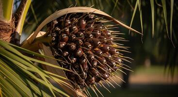 A bunch of fruit on a palm tree photo