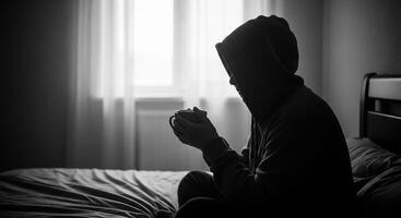 A person in a hoodie sitting on a bed photo