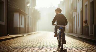 A young boy riding a bike down a cobblestone street photo