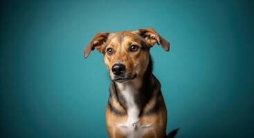 A dog is sitting on a blue background photo