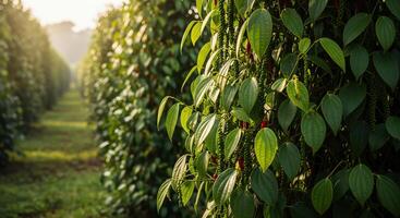A row of green plants with red berries photo