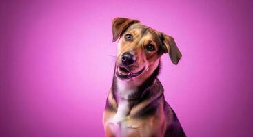 A dog is looking up at the camera on a purple background photo