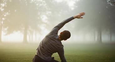 A man in a gray shirt is stretching in the grass photo