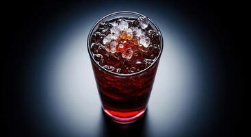 A glass of red liquid with ice on top photo