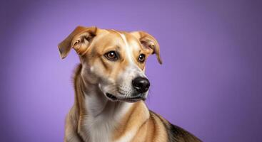 A dog is sitting in front of a purple background photo