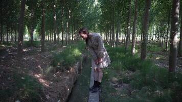A girl balances on a narrow path in a lush forest, showcasing her adventurous spirit video