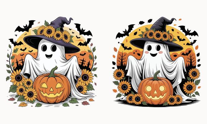 Happy Halloween Ghost in Sunflower Hat with Pumpkins, Bats, and Spooky Fall Vibes, Cute Halloween Art for Kids and Spooky Season