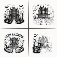 Spooky Haunted House with Pumpkins, Bats, and Full Moon for Halloween, Vintage Black and White Halloween Artwork, Creepy Halloween Night Scene vector