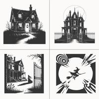 Spooky Haunted Houses with Creepy Trees and Ghostly Shadows, Featuring Witch on a Broomstick for Halloween Night vector