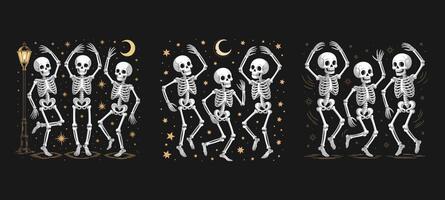 Spooky Dancing Skeletons Under the Moon and Stars, Halloween Dance Party Illustration with Skeletons for Fun and Festive Halloween Vibes vector