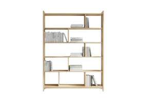 Light wood bookshelf filled with assorted books isolated on transparent background png
