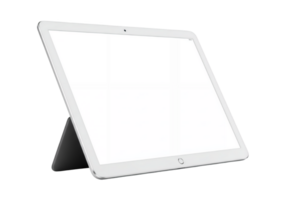 Modern white tablet device with a dark stand isolated on transparent background png