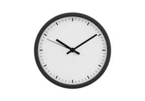 Minimalist round clock face with black hands and hour markers isolated on transparent background png
