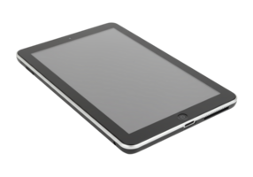 Modern black tablet device with a grey screen isolated on transparent background png