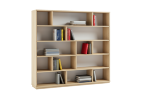 Modern light wood bookshelf filled with various books isolated on transparent background png