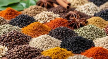 Various spices and herbs are arranged in a pile photo