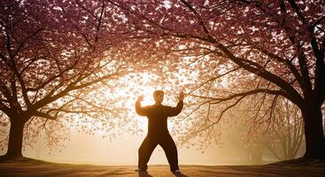A man in black standing in front of trees photo