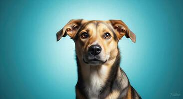 A dog is looking up at the camera in a blue background photo