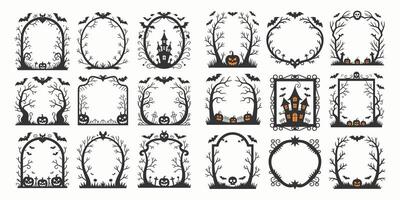 Spooky Halloween Frames with Haunted Houses, Pumpkins, Bats, and Trees for Halloween Decorations and Fall Designs vector