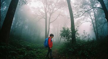 Boy in red jacket walking in fog photo