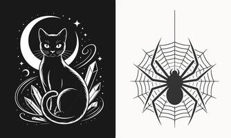 Mystical Black Cat Sitting Under the Crescent Moon with Sparkling Crystals and Spider Web for Spooky Halloween Night Design vector