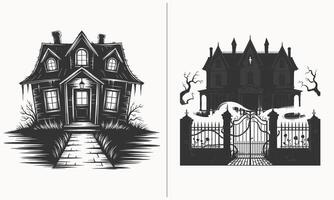 Haunted House Illustration with Creepy Mansion and Spooky Gate for Halloween Decor vector