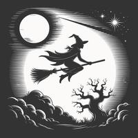 Spooky Witch Flying on a Broomstick Across the Full Moon with Twisted Tree and Stars for Halloween Night Illustration vector