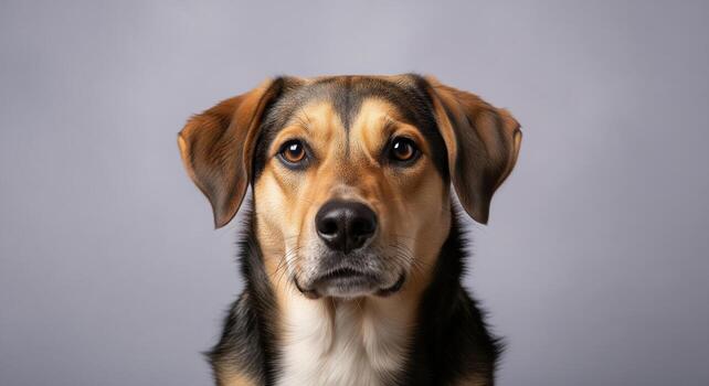 A dog is looking at the camera on a gray background photo