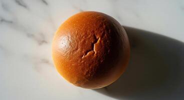 A close up of a bread on a white surface photo