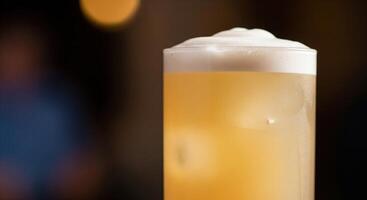 A tall glass of beer with foam on top photo